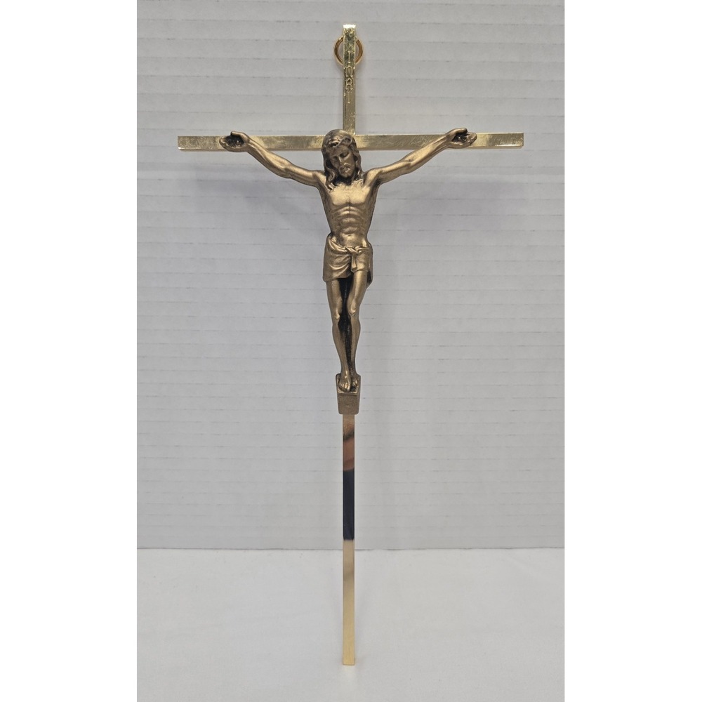 Vtg Cross Crucifix INRI Metal Minimalist Wall Hanging Gold Religious Jesus MCM